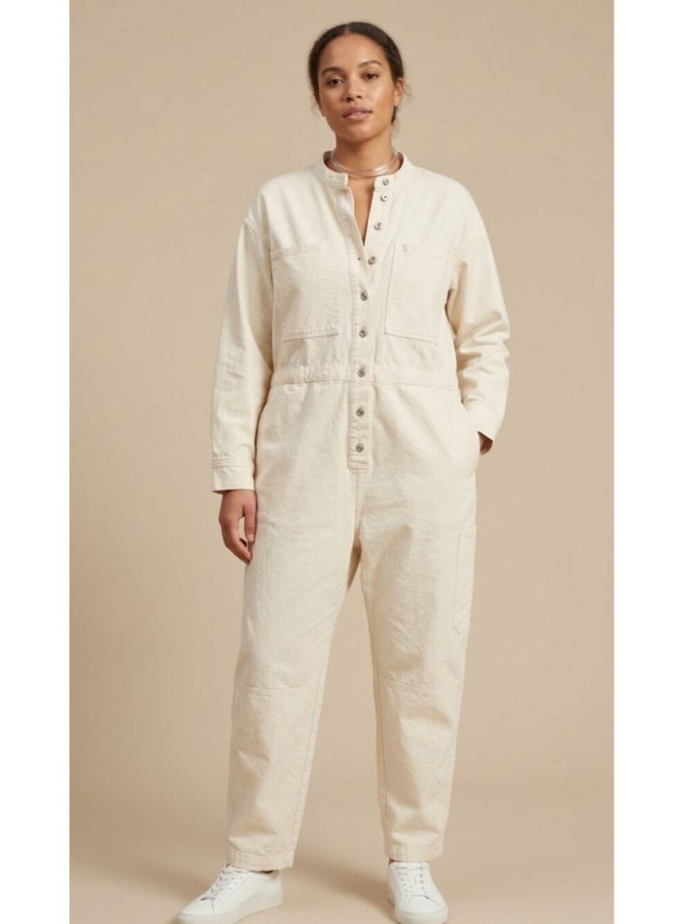 EVERLANE Long Sleeve Ivory Canvas/Twill Cargo Coveralls Women M